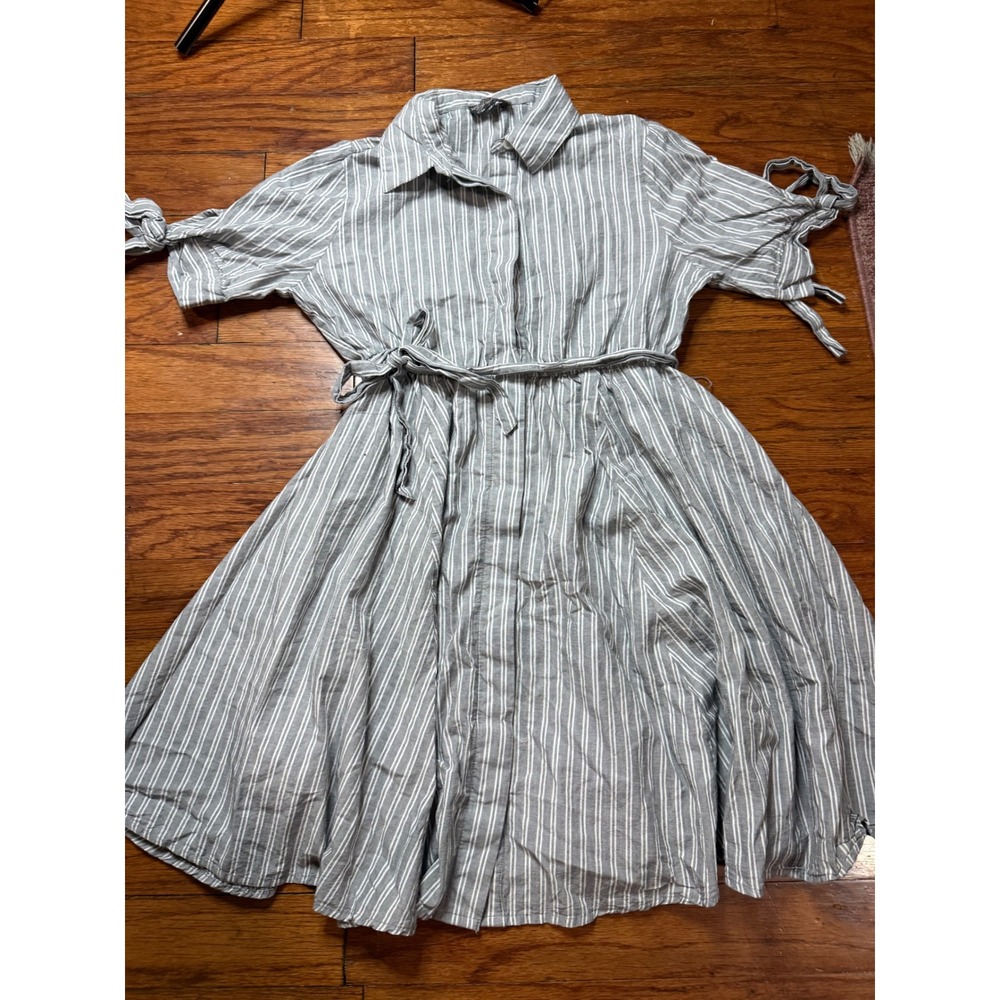 J. Gee Womens Grey White Striped Cotton Shirt Dress Short Sleeve Tie Waist Med